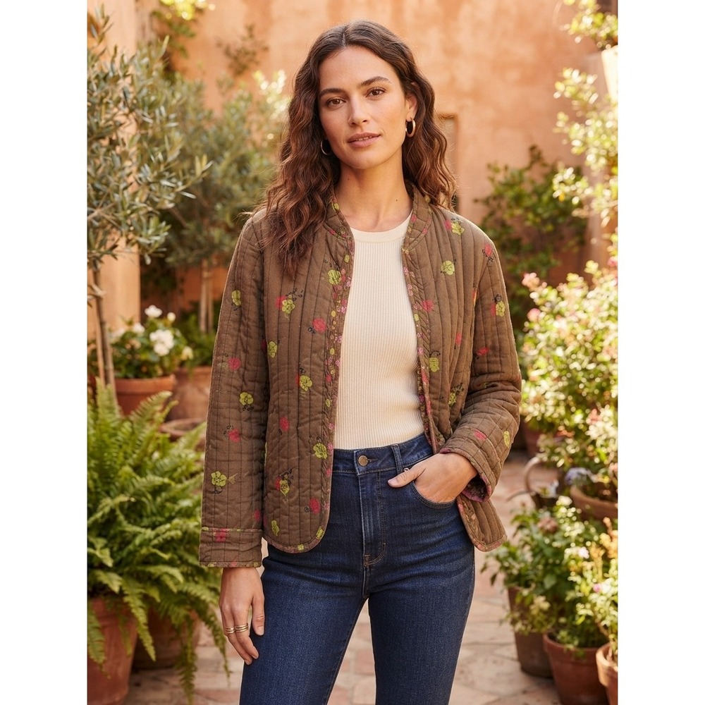 Hearts of Palm Open Front Quilted Jacket Floral Women's 10 Brown Cotton Travel